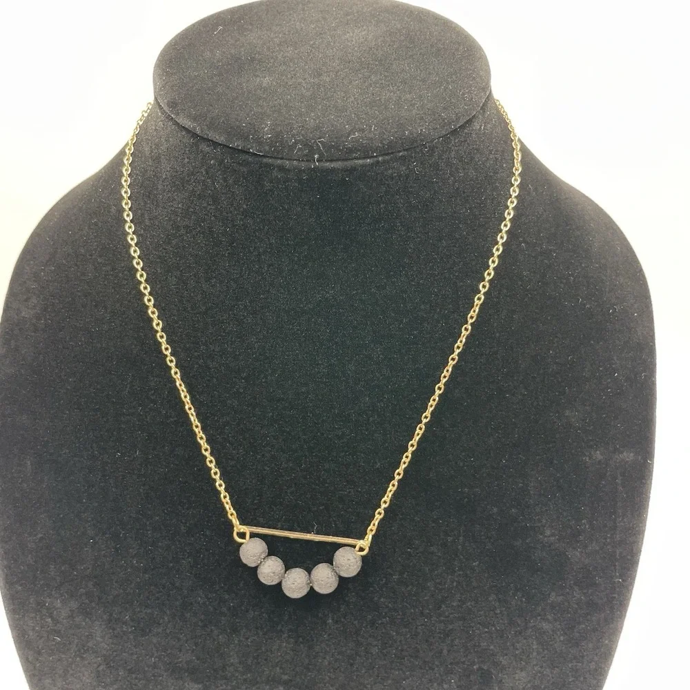 Gold Tone Black Lava Stone Aromatherapy Essential Oil Statement Necklace 18-20